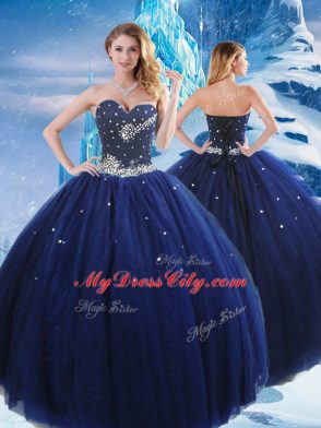Navy Blue Sleeveless Beading Floor Length Quinceanera Gowns
