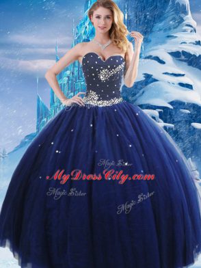 Navy Blue Sleeveless Beading Floor Length Quinceanera Gowns