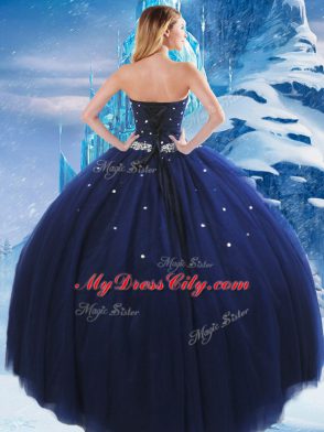 Navy Blue Sleeveless Beading Floor Length Quinceanera Gowns