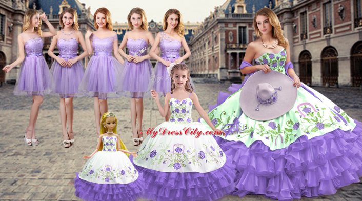 Beautiful Satin and Organza Sweetheart Sleeveless Lace Up Embroidery and Ruffled Layers Ball Gown Prom Dress in Lavender