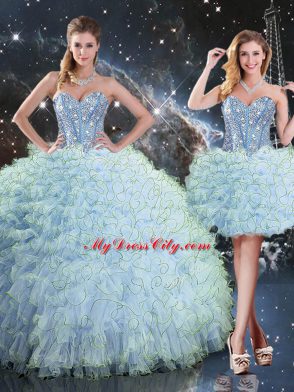 Floor Length Lace Up 15th Birthday Dress Aqua Blue for Military Ball and Sweet 16 and Quinceanera with Beading and Ruffles