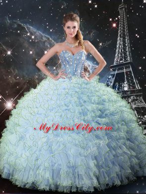 Floor Length Lace Up 15th Birthday Dress Aqua Blue for Military Ball and Sweet 16 and Quinceanera with Beading and Ruffles