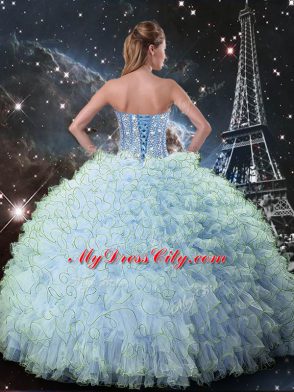 Floor Length Lace Up 15th Birthday Dress Aqua Blue for Military Ball and Sweet 16 and Quinceanera with Beading and Ruffles