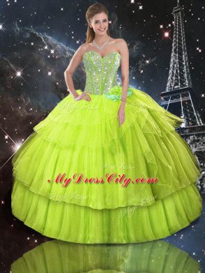 Sweetheart Sleeveless 15th Birthday Dress Floor Length Ruffled Layers Yellow Green Organza