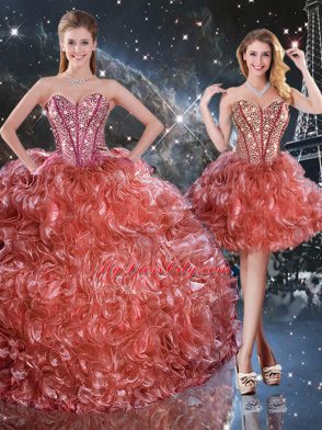 Decent Sleeveless Floor Length Beading and Ruffles Lace Up Quinceanera Gowns with Rust Red