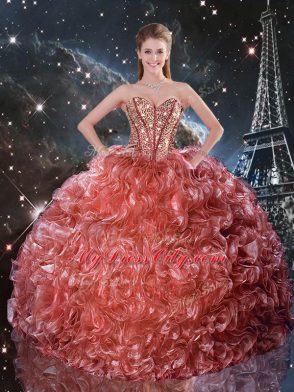 Decent Sleeveless Floor Length Beading and Ruffles Lace Up Quinceanera Gowns with Rust Red