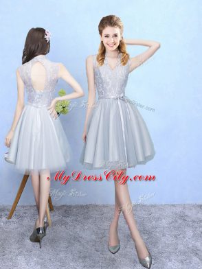 Sleeveless Lace Up Knee Length Lace Bridesmaid Dresses