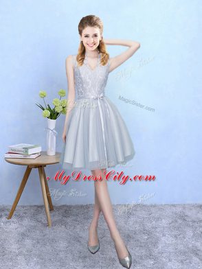 Sleeveless Lace Up Knee Length Lace Bridesmaid Dresses