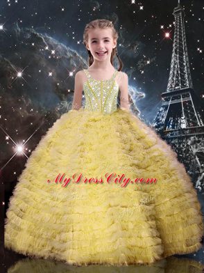 Beautiful Champagne Tulle Lace Up Pageant Dress for Womens Sleeveless Floor Length Beading and Ruffled Layers