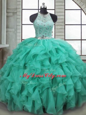Turquoise Quinceanera Dress Organza Brush Train Sleeveless Beading and Ruffles