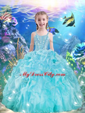 Sleeveless Floor Length Beading and Ruffles Lace Up Little Girls Pageant Dress with Aqua Blue