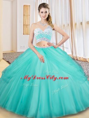 Two Pieces Quince Ball Gowns Aqua Blue One Shoulder Tulle Sleeveless Floor Length Criss Cross