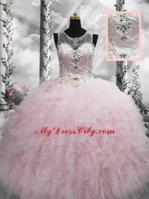 Inexpensive Beading and Ruffles Vestidos de Quinceanera Baby Pink Lace Up Sleeveless Floor Length