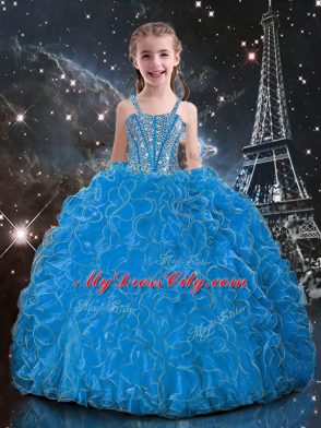Baby Blue Sleeveless Beading and Ruffles Floor Length Pageant Gowns For Girls