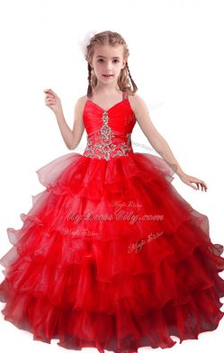 V-neck Sleeveless Organza Little Girls Pageant Gowns Beading and Ruffled Layers Zipper