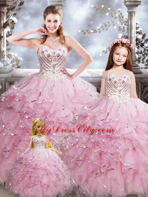 Glittering Floor Length Ball Gowns Sleeveless Baby Pink Quince Ball Gowns Lace Up