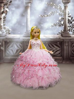 Glittering Floor Length Ball Gowns Sleeveless Baby Pink Quince Ball Gowns Lace Up