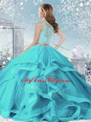 Clearance Royal Blue Scoop Neckline Beading and Ruffles Quinceanera Gowns Long Sleeves Clasp Handle