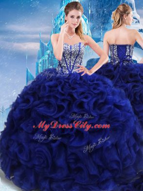 Unique Royal Blue Sleeveless Fabric With Rolling Flowers Lace Up Sweet 16 Quinceanera Dress for Military Ball and Sweet 16 and Quinceanera