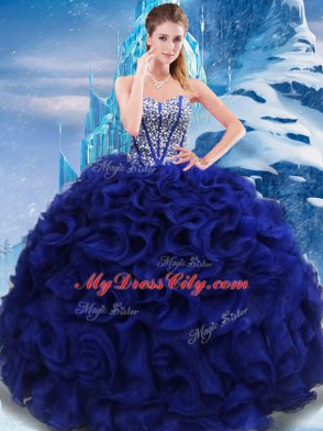 Unique Royal Blue Sleeveless Fabric With Rolling Flowers Lace Up Sweet 16 Quinceanera Dress for Military Ball and Sweet 16 and Quinceanera