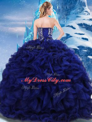 Unique Royal Blue Sleeveless Fabric With Rolling Flowers Lace Up Sweet 16 Quinceanera Dress for Military Ball and Sweet 16 and Quinceanera