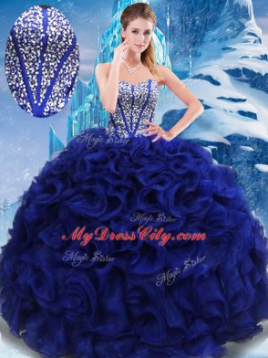 Unique Royal Blue Sleeveless Fabric With Rolling Flowers Lace Up Sweet 16 Quinceanera Dress for Military Ball and Sweet 16 and Quinceanera