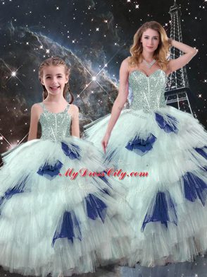 Floor Length Blue And White Ball Gown Prom Dress Sweetheart Sleeveless Lace Up