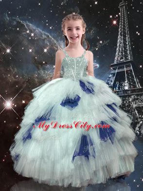 Floor Length Blue And White Ball Gown Prom Dress Sweetheart Sleeveless Lace Up