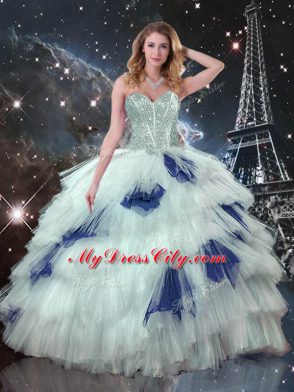 Floor Length Blue And White Ball Gown Prom Dress Sweetheart Sleeveless Lace Up