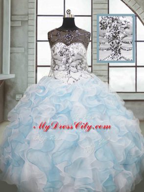 Blue And White Scoop Neckline Beading and Ruffles Sweet 16 Dresses Sleeveless Lace Up