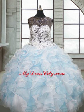 Blue And White Scoop Neckline Beading and Ruffles Sweet 16 Dresses Sleeveless Lace Up