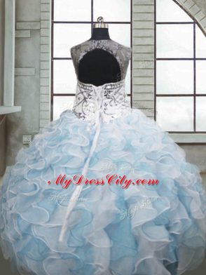 Blue And White Scoop Neckline Beading and Ruffles Sweet 16 Dresses Sleeveless Lace Up