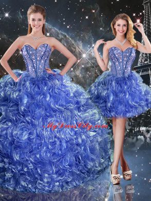 Delicate Blue Sweetheart Lace Up Beading and Ruffles Sweet 16 Dresses Sleeveless