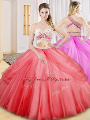 Captivating Floor Length Coral Red Sweet 16 Dresses Tulle Sleeveless Beading and Ruching and Pick Ups