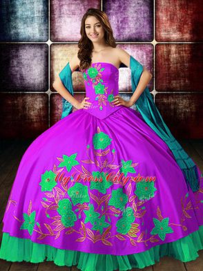 Multi-color Ball Gowns Strapless Sleeveless Satin Floor Length Lace Up Embroidery Sweet 16 Dress