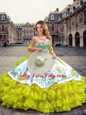 Yellow Green Ball Gowns Sweetheart Sleeveless Organza and Taffeta Floor Length Lace Up Embroidery and Ruffled Layers Quinceanera Gowns