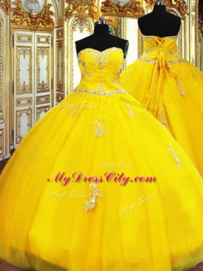 Vintage Gold Sweetheart Neckline Beading and Appliques Quinceanera Gown Sleeveless Lace Up