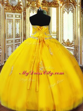 Vintage Gold Sweetheart Neckline Beading and Appliques Quinceanera Gown Sleeveless Lace Up