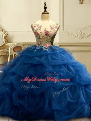Navy Blue Sleeveless Appliques and Ruffles and Sequins Floor Length Quinceanera Gown