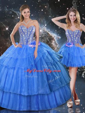 Graceful Floor Length Baby Blue Sweet 16 Quinceanera Dress Organza Sleeveless Ruffled Layers and Sequins