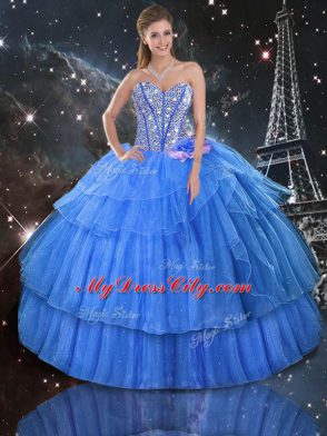 Graceful Floor Length Baby Blue Sweet 16 Quinceanera Dress Organza Sleeveless Ruffled Layers and Sequins