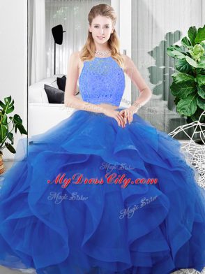 Super Sleeveless Floor Length Lace and Ruffles Zipper Sweet 16 Quinceanera Dress with Blue