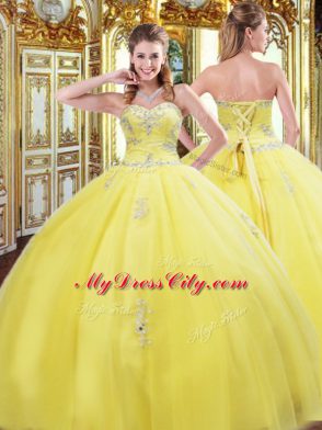 Floor Length Lace Up Ball Gown Prom Dress Gold for Military Ball and Sweet 16 and Quinceanera with Beading and Appliques