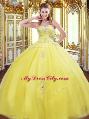 Floor Length Lace Up Ball Gown Prom Dress Gold for Military Ball and Sweet 16 and Quinceanera with Beading and Appliques