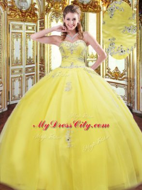 Floor Length Lace Up Ball Gown Prom Dress Gold for Military Ball and Sweet 16 and Quinceanera with Beading and Appliques