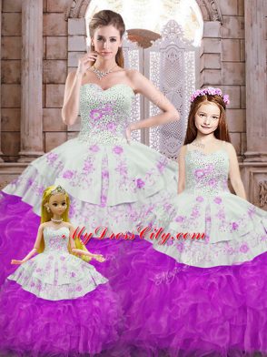 Flirting Sweetheart Sleeveless Quinceanera Dress Floor Length Beading and Appliques and Ruffles White And Purple Organza