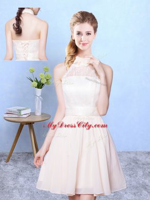 Champagne Sleeveless Knee Length Lace Lace Up Bridesmaids Dress