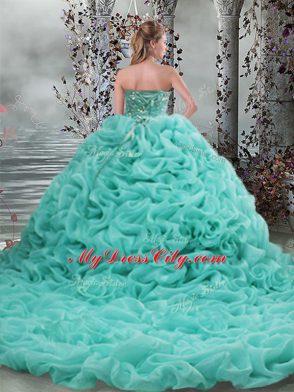 Beautiful Beading and Pick Ups Quinceanera Gowns Turquoise Lace Up Sleeveless Brush Train