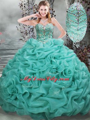 Beautiful Beading and Pick Ups Quinceanera Gowns Turquoise Lace Up Sleeveless Brush Train