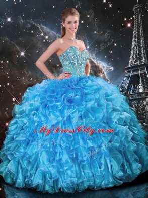 Affordable Sleeveless Organza Floor Length Lace Up Quinceanera Dresses in Baby Blue with Beading and Ruffles